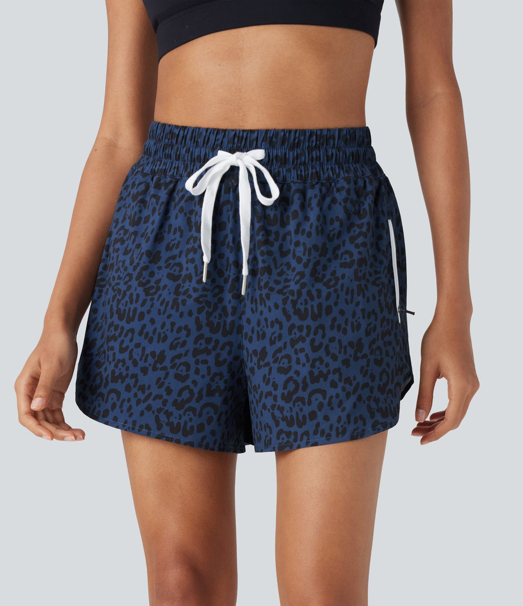 Short de jogging 2-en-1 taille haute avec cordon à imprimé léopard et ourlet incurvé avec poches