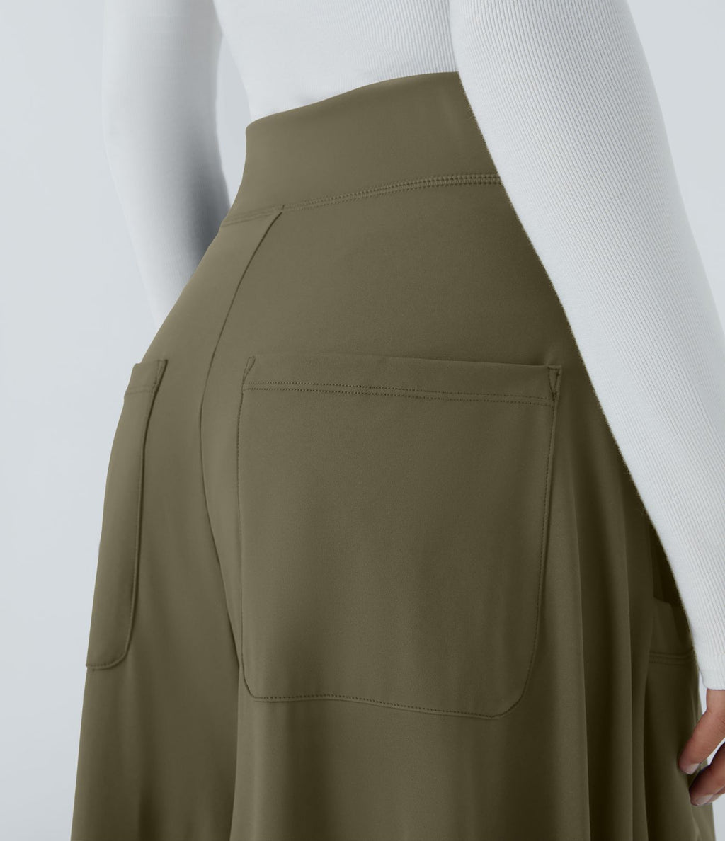Pantalon décontracté drapé à poches multiples et taille moyenne, jambe large