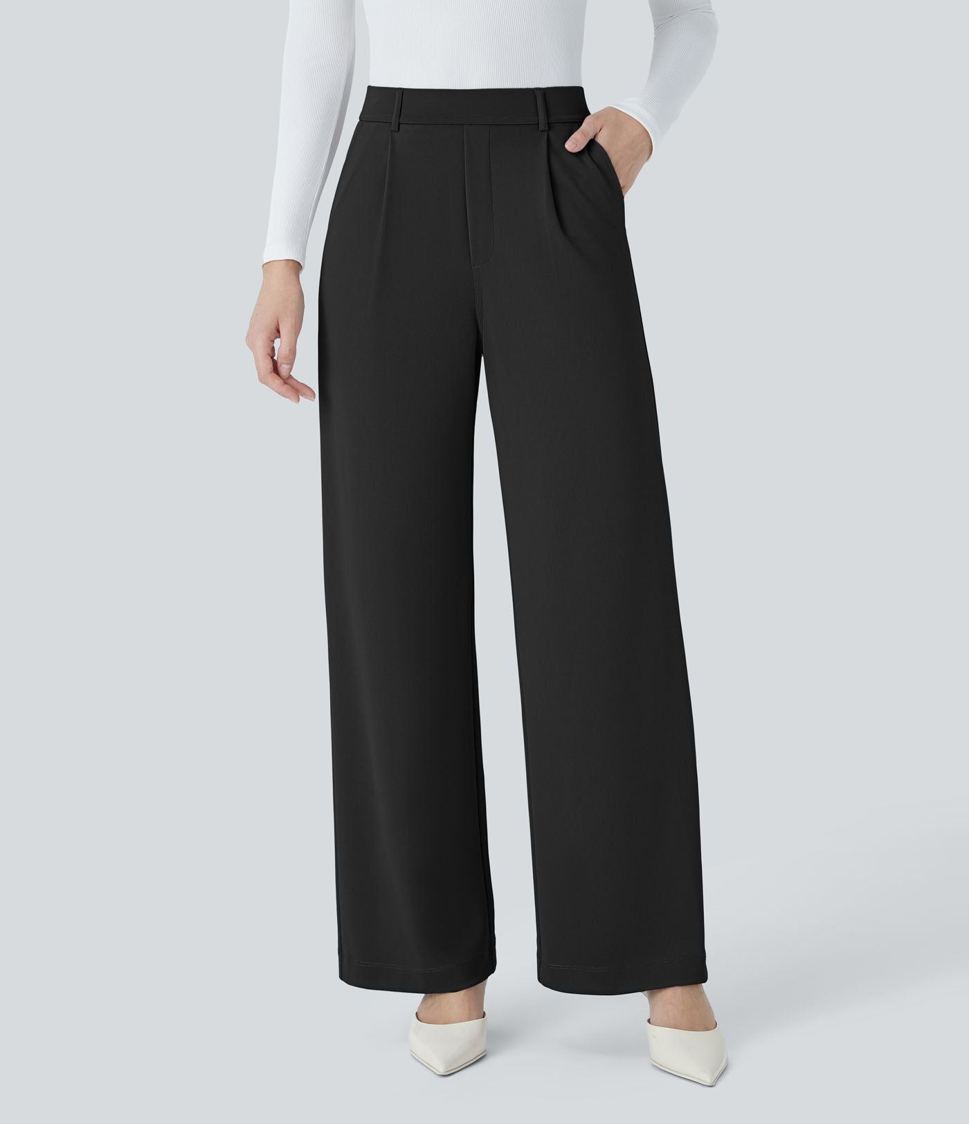 Halara Flex™ Pantalon Tailleur Droit à Taille Haute avec Pli Poches Latérales en Crêpe