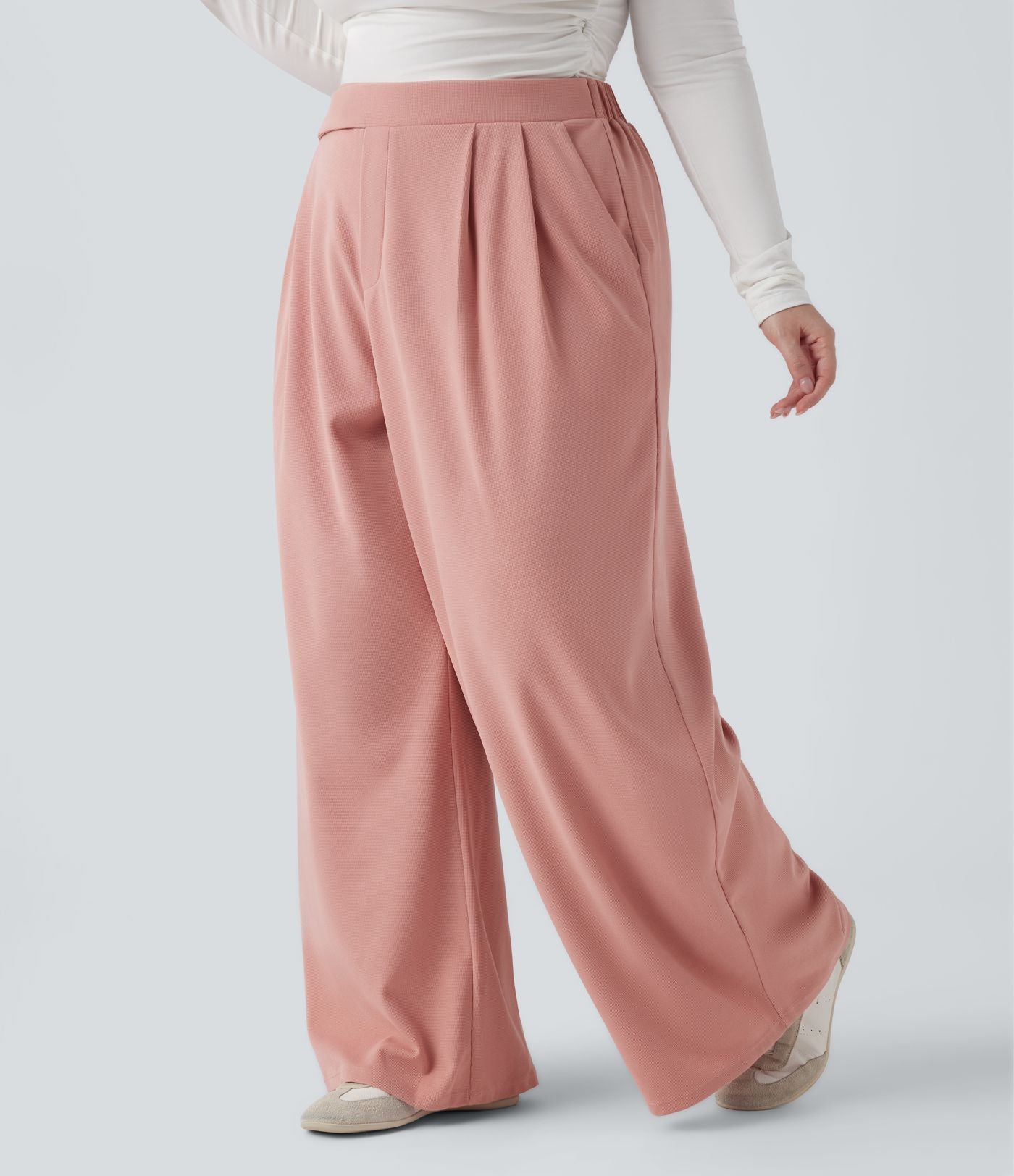 Pantalon décontracté grande taille large en maille gaufrée, taille haute, avec poches