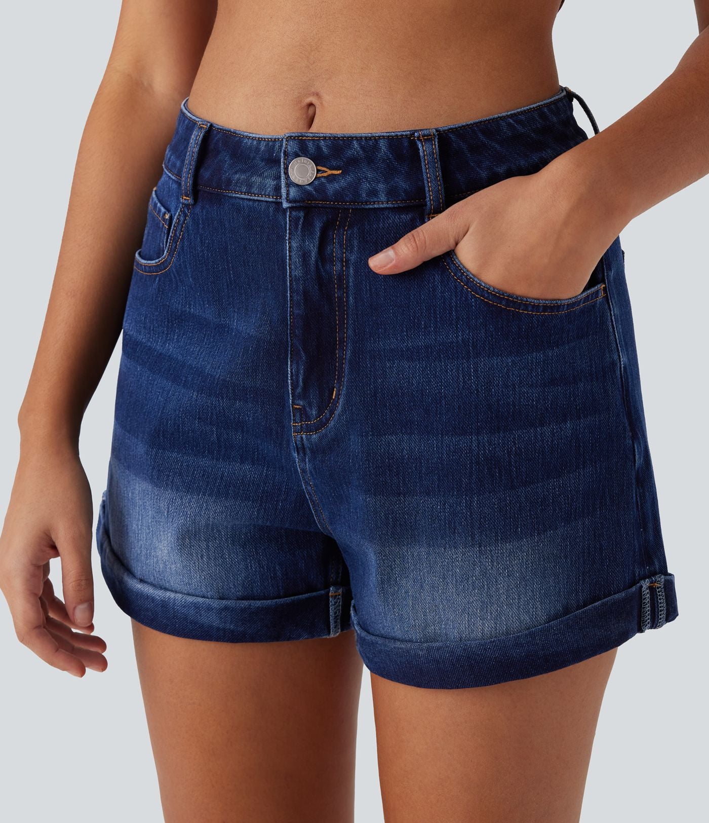 Short 7,5 cm décontracté en jean extensible Halara Flex™ taille moyenne avec boutons, zip et multiples poches