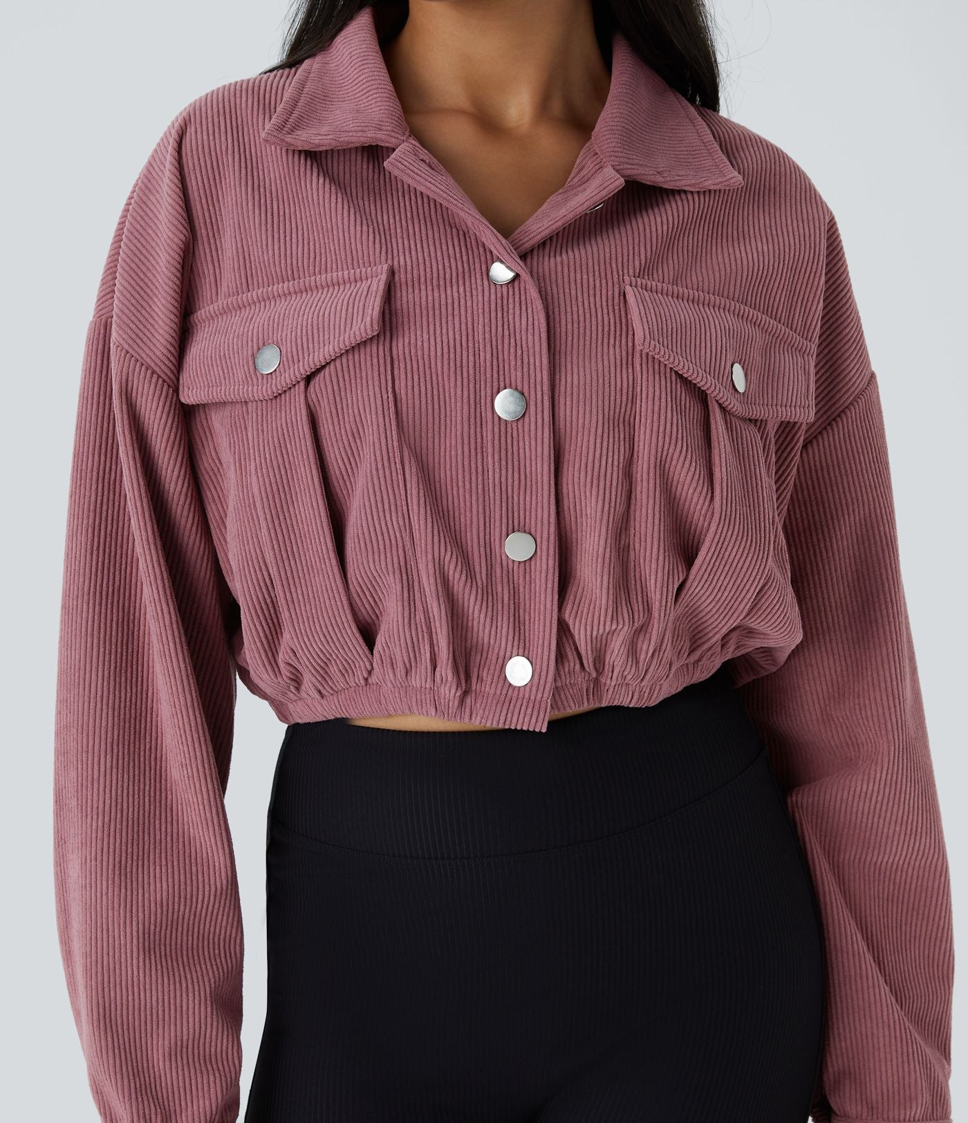 Veste Casual en Velours Côtelé à Boutons Poches Col Court