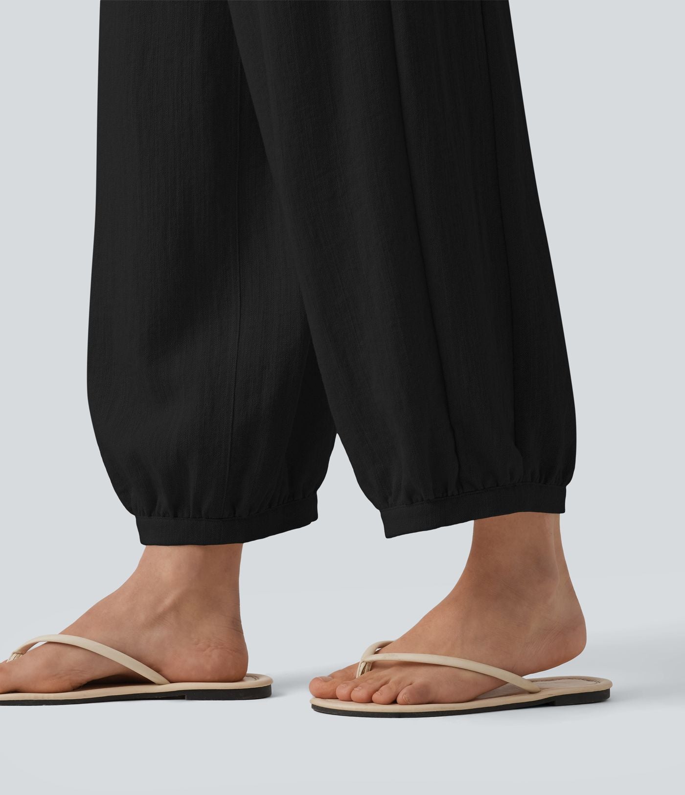 Pantalon casual bouffant aspect lin avec fronces taille haute et poches