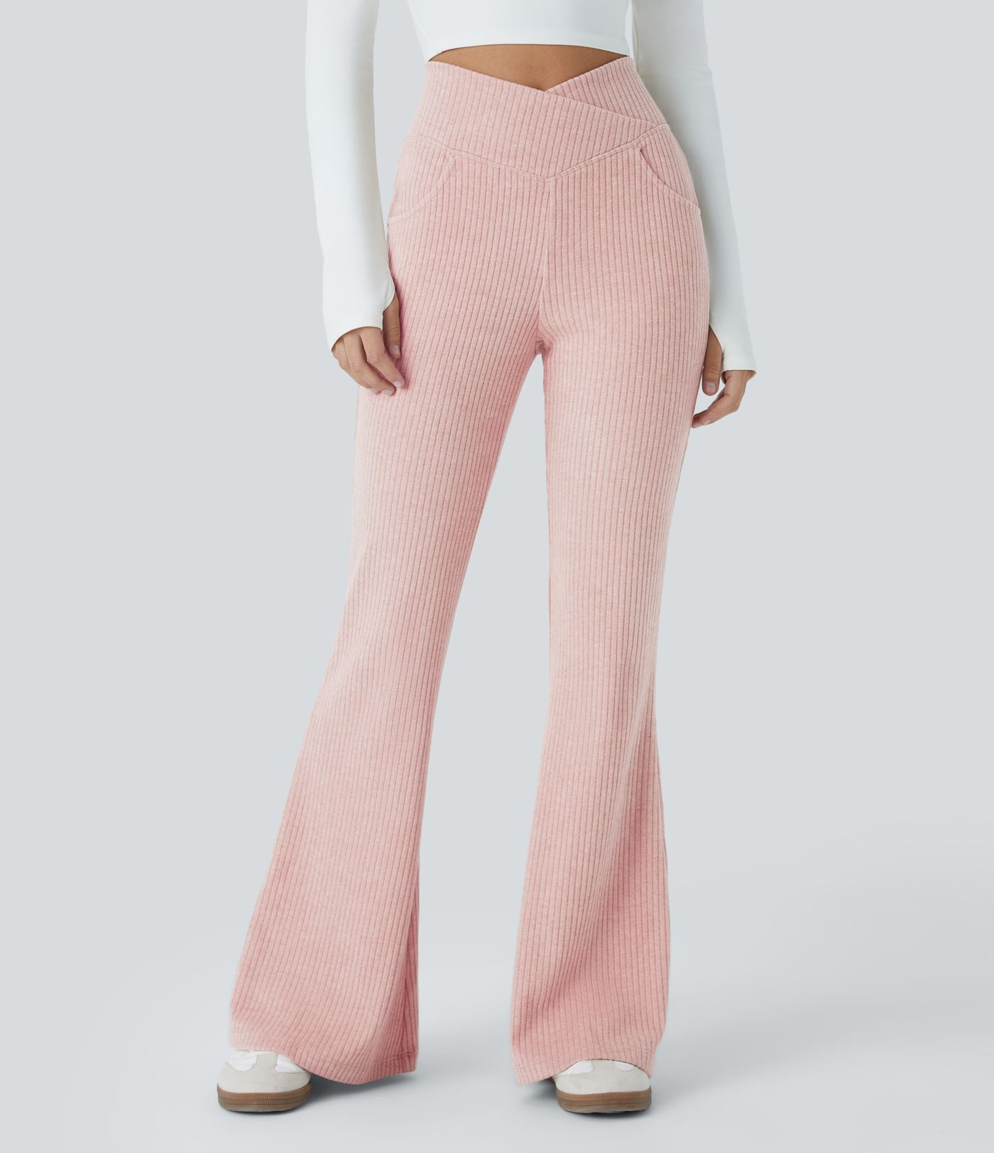 Pantalon Taille Haute Casual Évasés en Tricot Côtelé avec Poches Latérales et Croisé