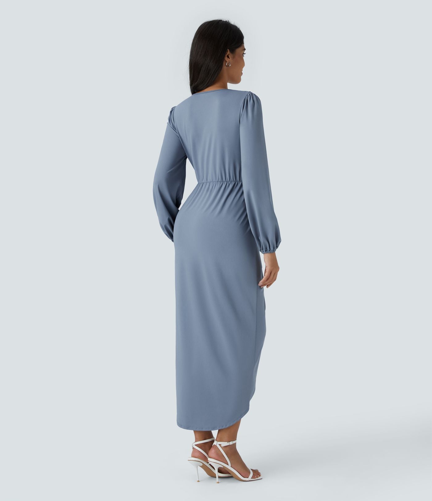 Robe de Soirée Mi-longue à Col V, Manches Longues, Plis et Ourlet Tulipe