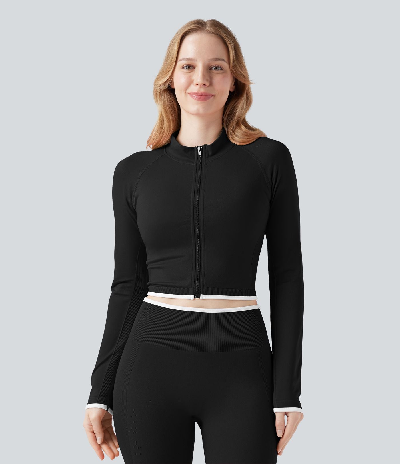 Veste yoga courte zippée col montant color block sans couture OneForm Seamless Flow