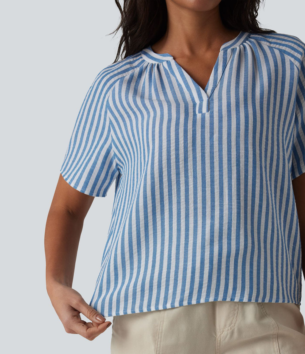 Blouse col V manches courtes à rayures aspect lin