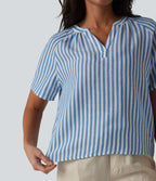 Blouse col V manches courtes à rayures aspect lin