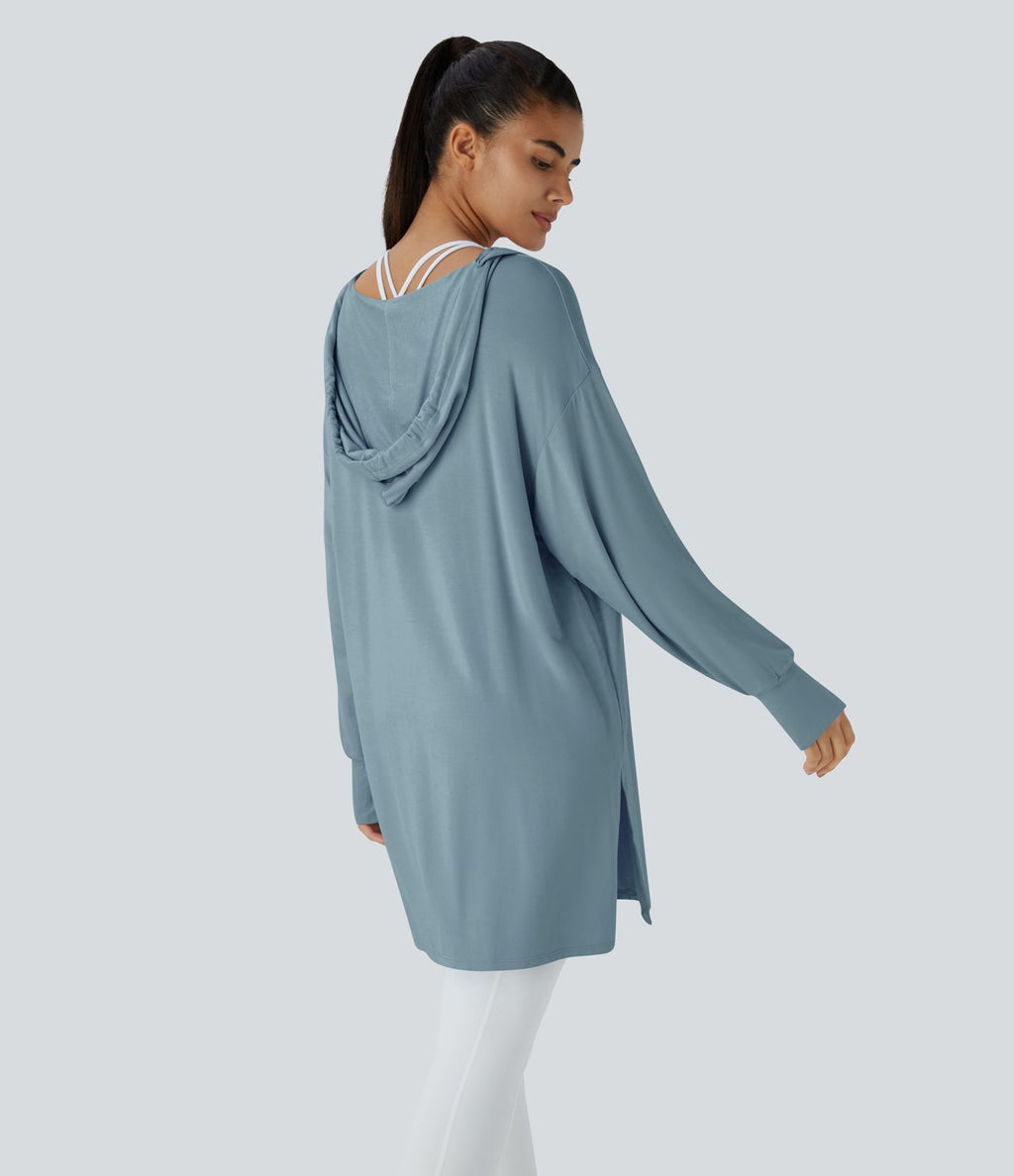 Sweatshirt Casual à Capuche Encolure en V Cordon de Serrage Trou pour le Pouce Fente et Coupe Longue