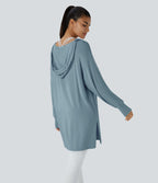 Sweatshirt Casual à Capuche Encolure en V Cordon de Serrage Trou pour le Pouce Fente et Coupe Longue