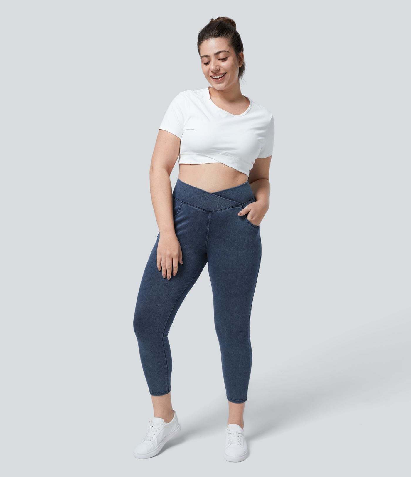 Halara Flex™ Legging Travail  7/8 Taille Croisée en Denim Tricot Extensible Taille Haute Poches Multiples Grande Taille