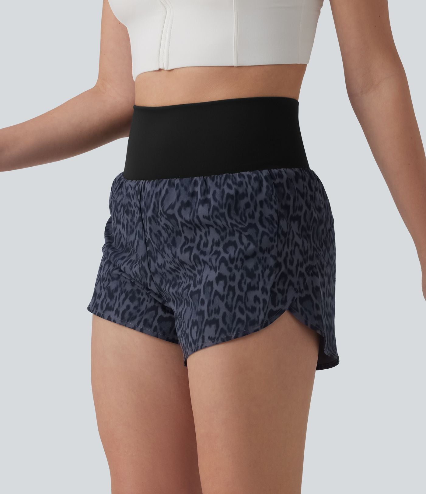 Short de running 2-en-1 taille haute imprimé léopard 7,5 cm avec poche