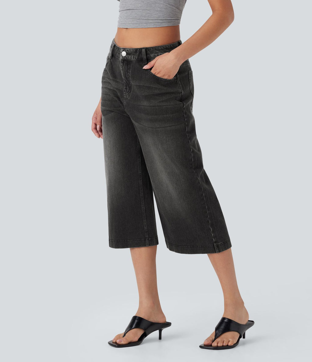 Jean capri décontracté Halara Flex™ baggy taille basse en maille extensible délavée avec poches