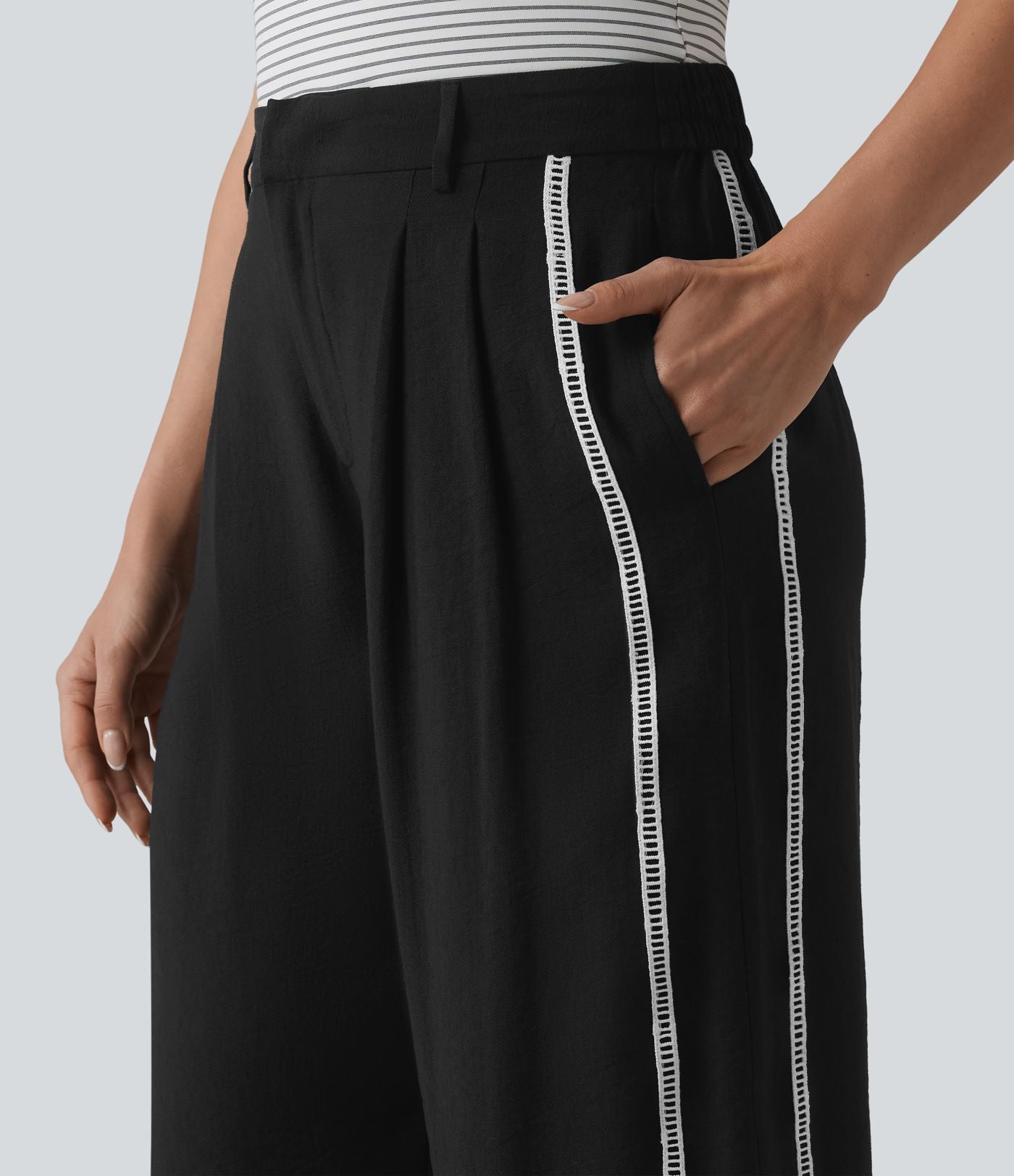Pantalon large fluide décontracté taille haute color block aspect lin avec poches