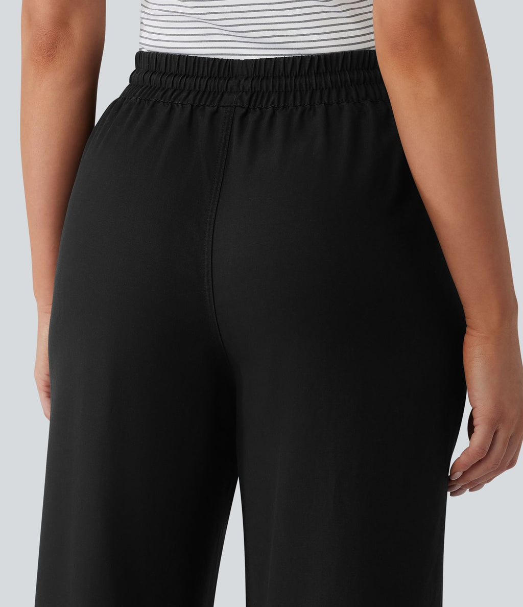 Pantalon casual fuselé en lin drapé taille haute avec cordon de serrage et poches