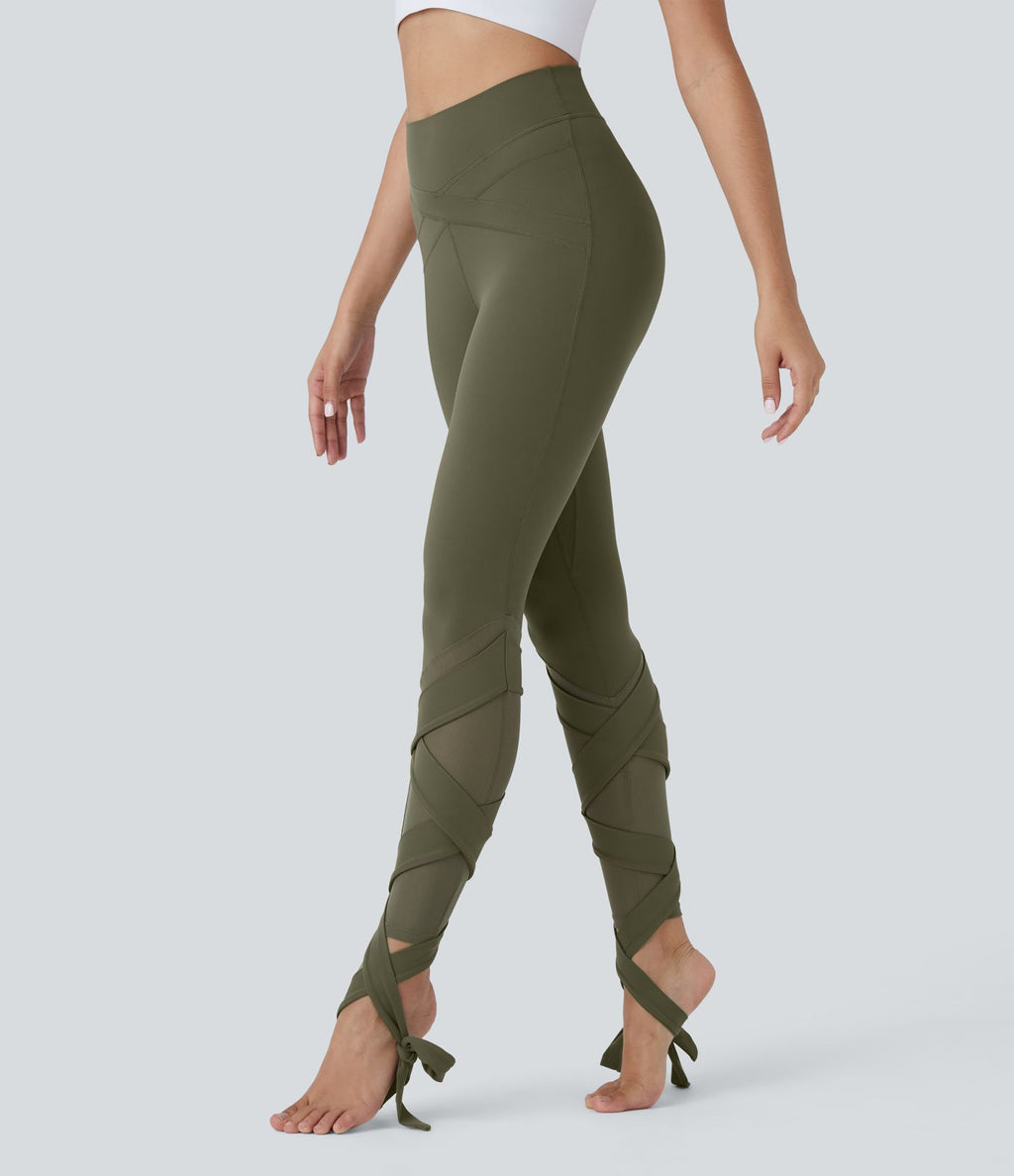 Softlyzero™ Legging Taille Haute Empiècement en Maille Contrastante Lacets Croisés Longueur 7/8
