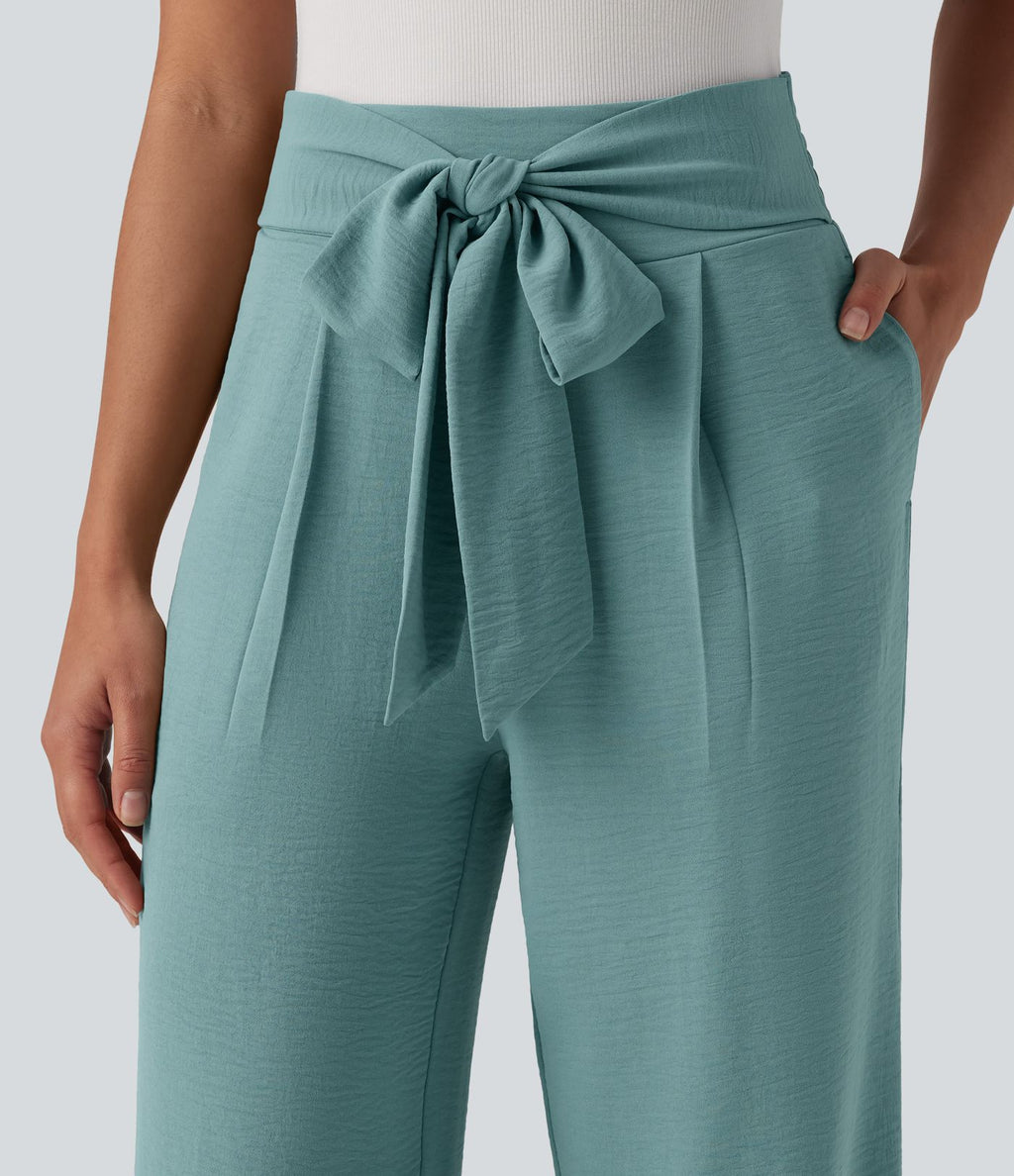Pantalon droit décontracté aspect lin taille haute à nouer devant avec poches