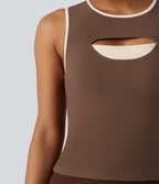 Débardeur de sport côtelé col rond color block avec découpe à l'avant