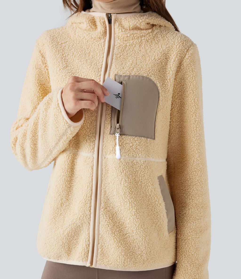 Veste sherpa randonnée à capuche manches longues avec poches