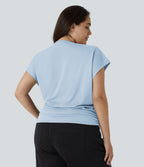 Blouse Travail Unie Froncée Croisée Manches Courtes Col en V Grande Taille