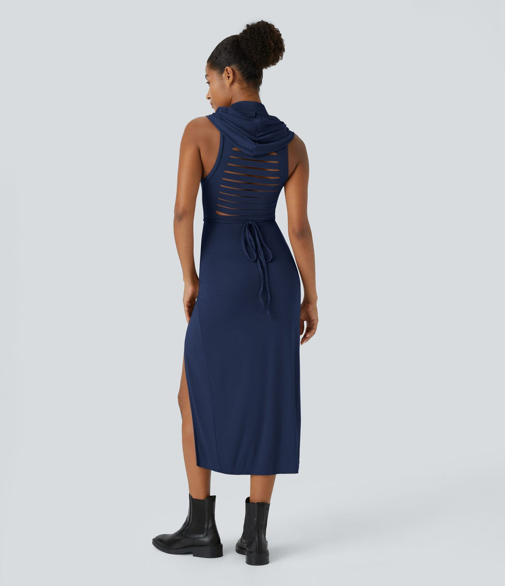 Robe Casual Midi 2 Pièces Capuche Col Montant Sans Manches Fendue avec Découpe Dos Nœud Côtelée