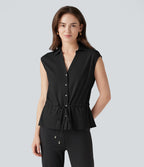 Chemise tailleur sans manches col V avec braguette boutonnée et cordon