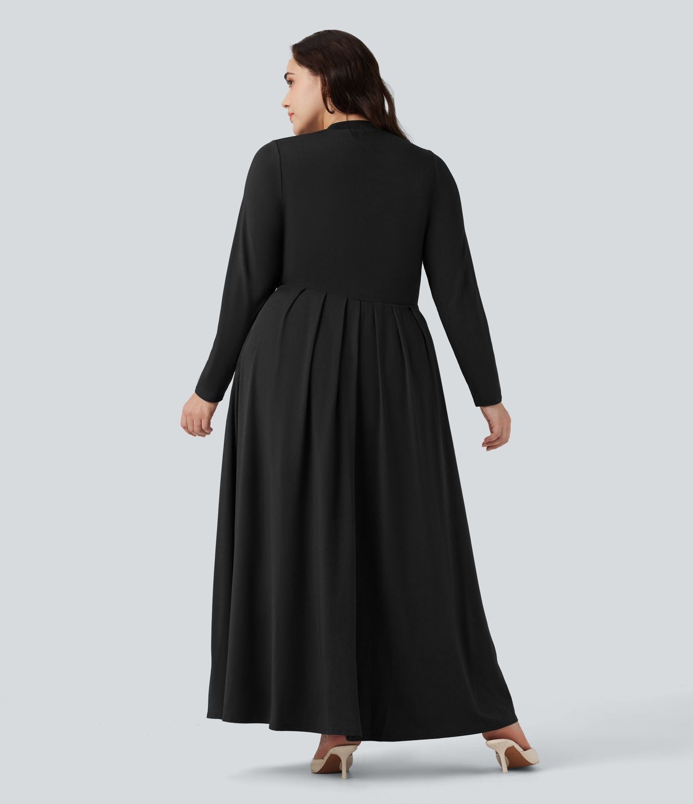 Robe décontractée maxi évasée grande taille col montant manches longues avec poches