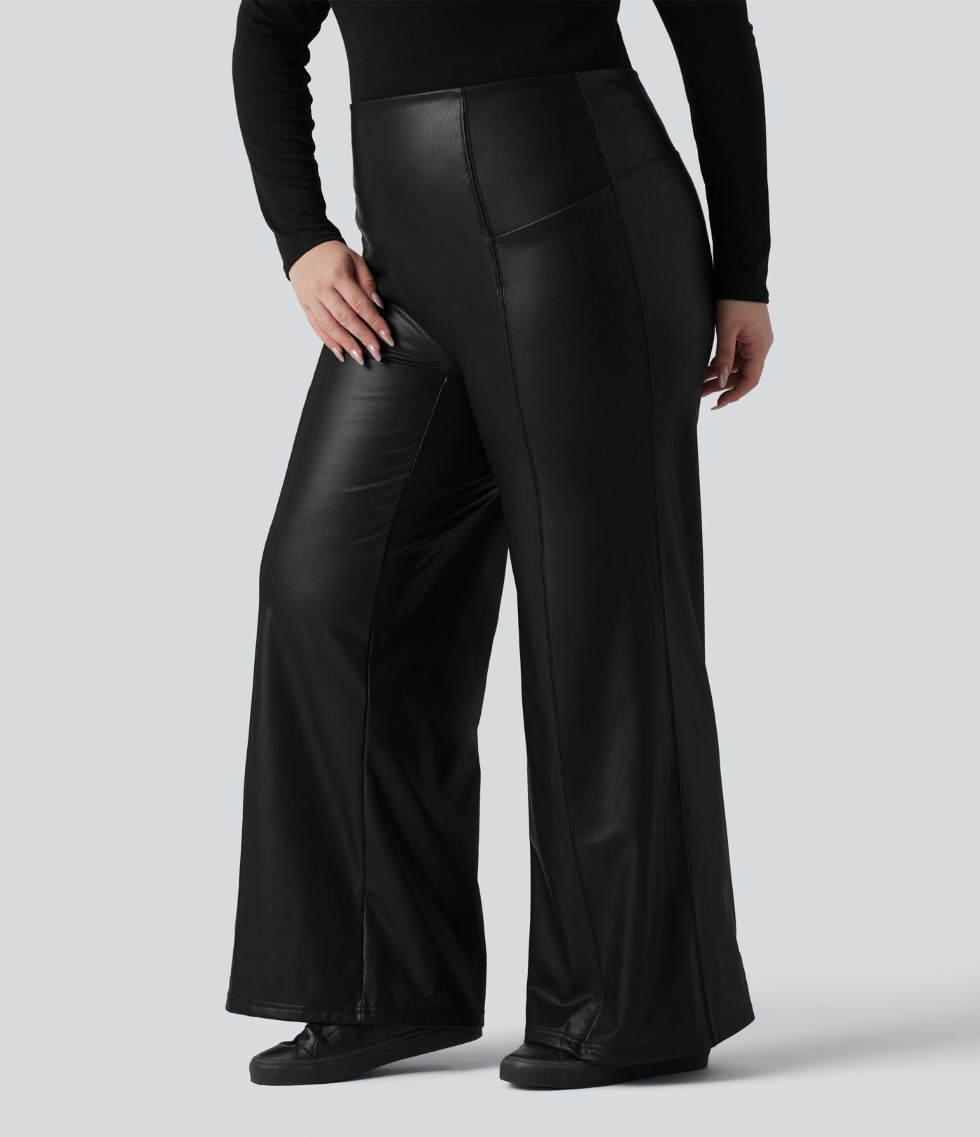 Pantalon flare grande taille en simili stretch doublé polaire, taille haute effet ventre plat avec poches