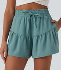 Short casual taille haute aspect lin volants avec cordon de serrage et poches 9 cm