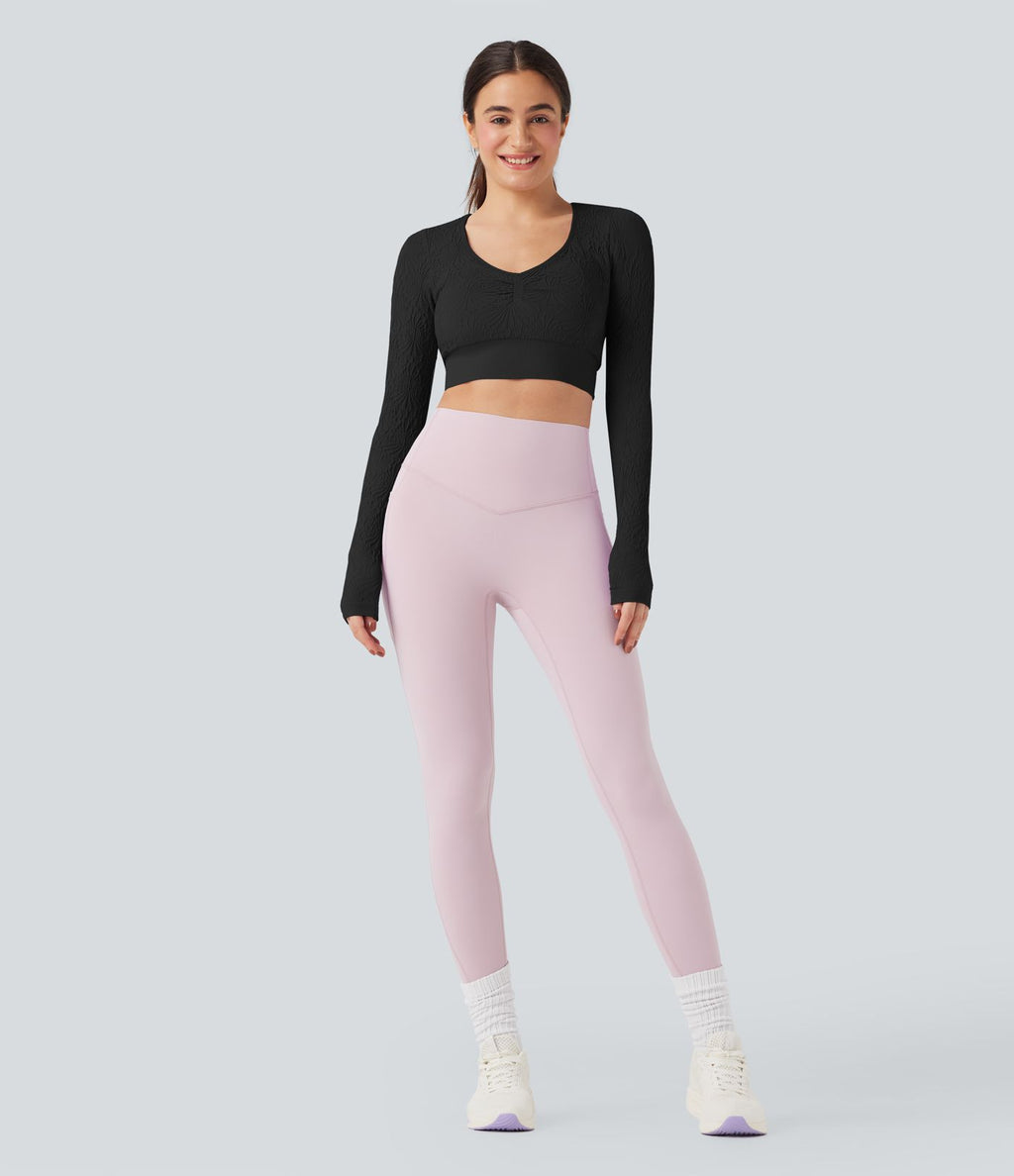 Haut de sport yoga court ajusté jacquard à manches longues sans couture OneForm Seamless Flow