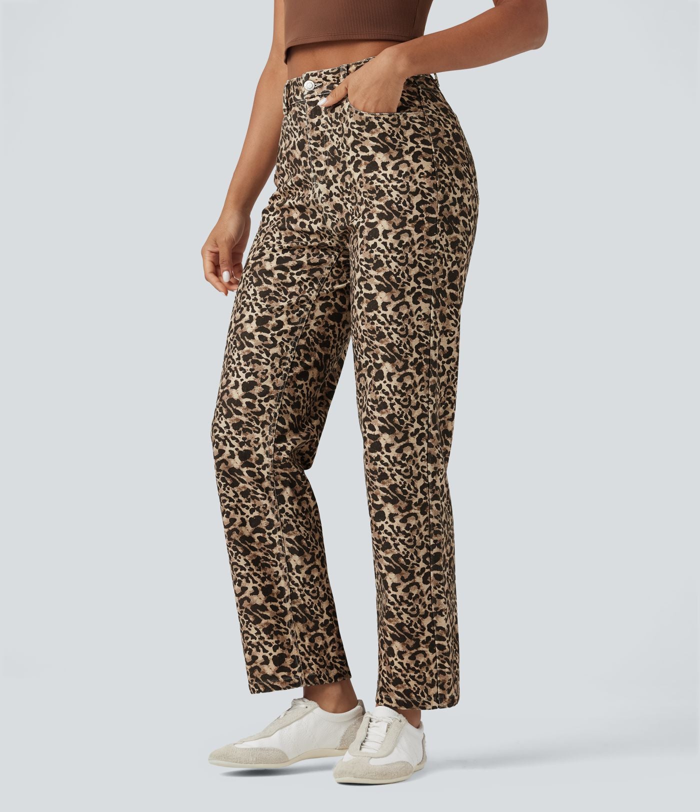 Jean Halara Flex™ coupe droite imprimé léopard taille haute avec poches