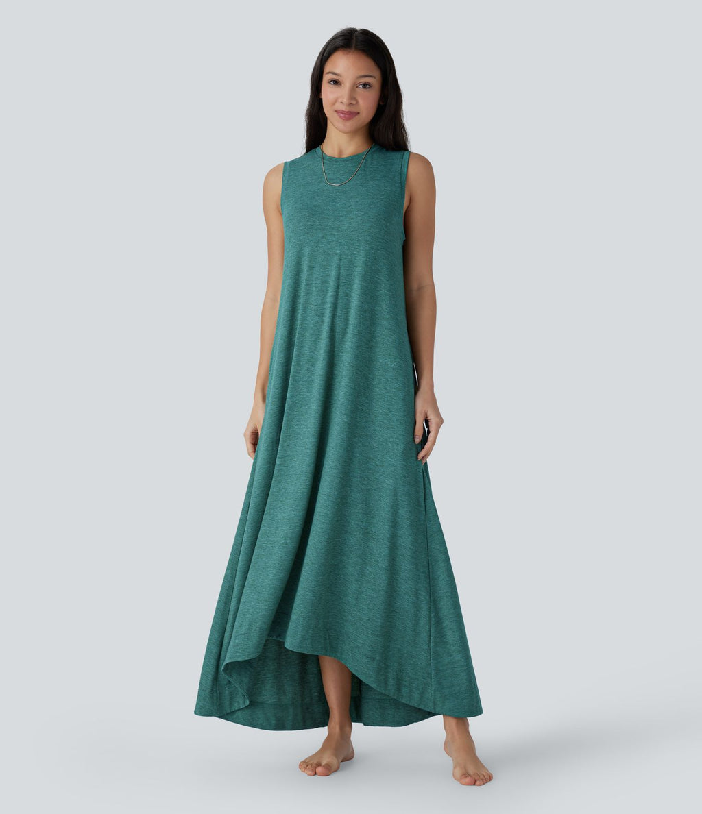 Robe longue décontractée fluide à col rond, sans manches, poches latérales et ourlet asymétrique