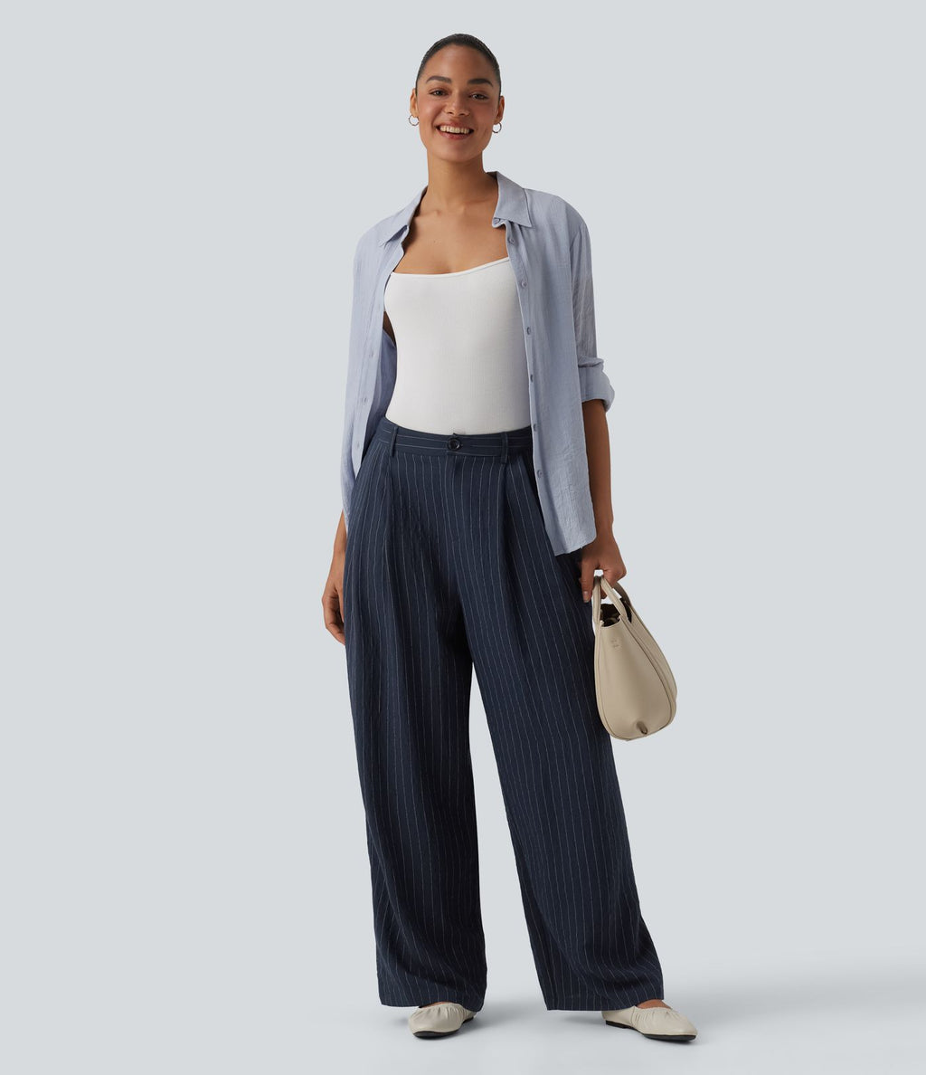 Pantalon bureau taille haute rayé, coupe ample avec poches