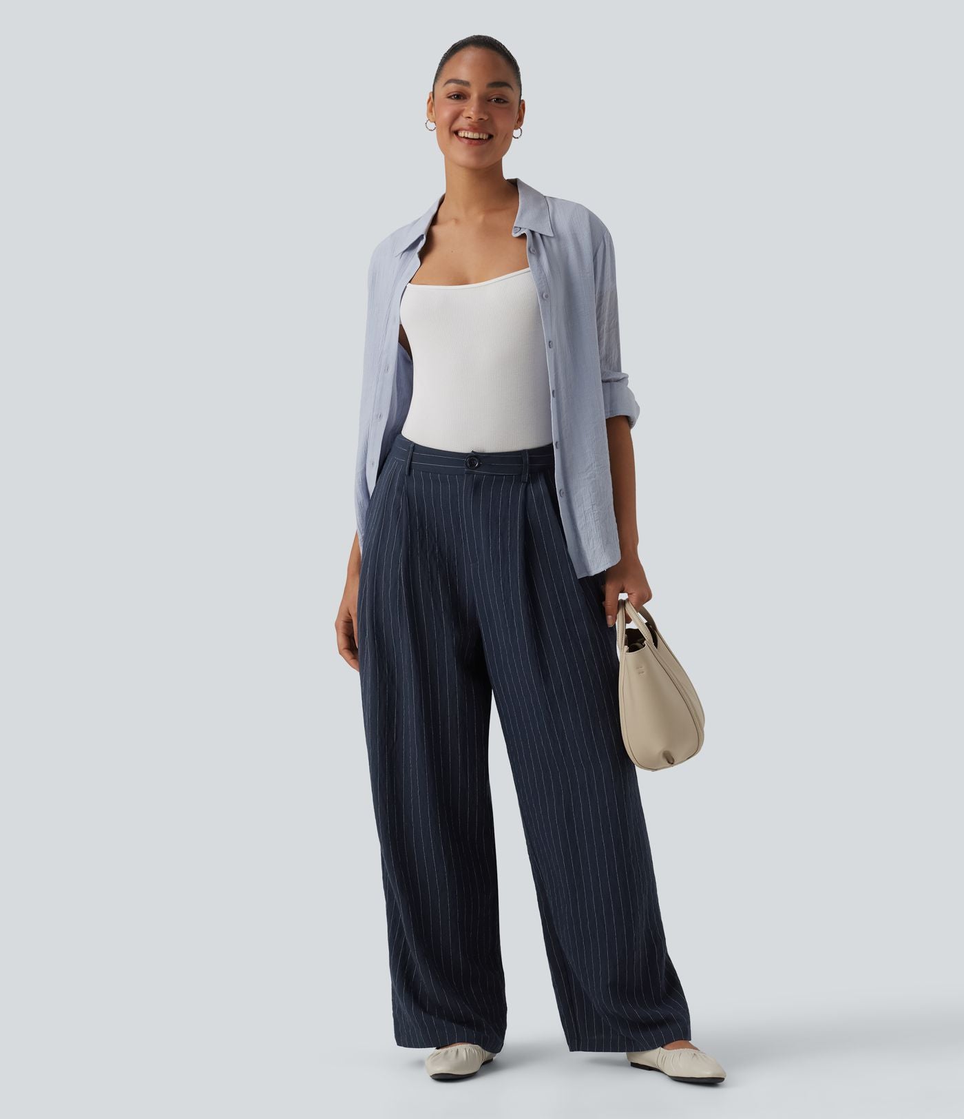 Pantalon bureau taille haute rayé, coupe ample avec poches