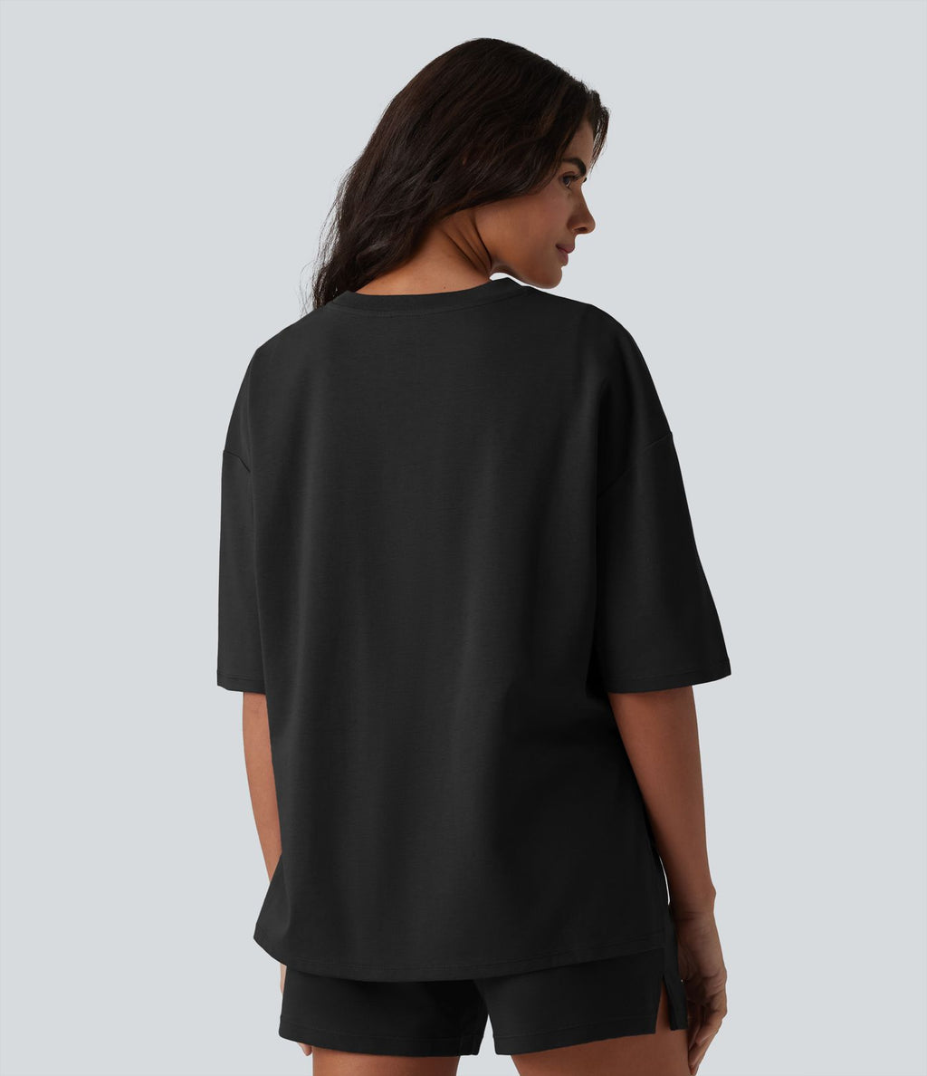 T-shirt décontracté en coton col rond manches mi-longues coupe ample à séchage rapide
