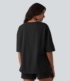 T-shirt décontracté en coton col rond manches mi-longues coupe ample à séchage rapide
