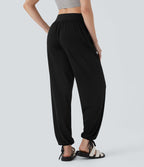 Pantalon de jogging décontracté à taille haute croisée avec poches latérales et cordon de serrage