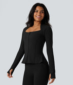 Veste yoga push-up zippée à manches longues avec passants pouces et ourlet à volants Halara UltraSculpt™