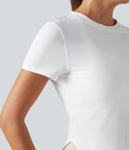 Haut de sport yoga col rond manches courtes ourlet arrondi en mesh respirant