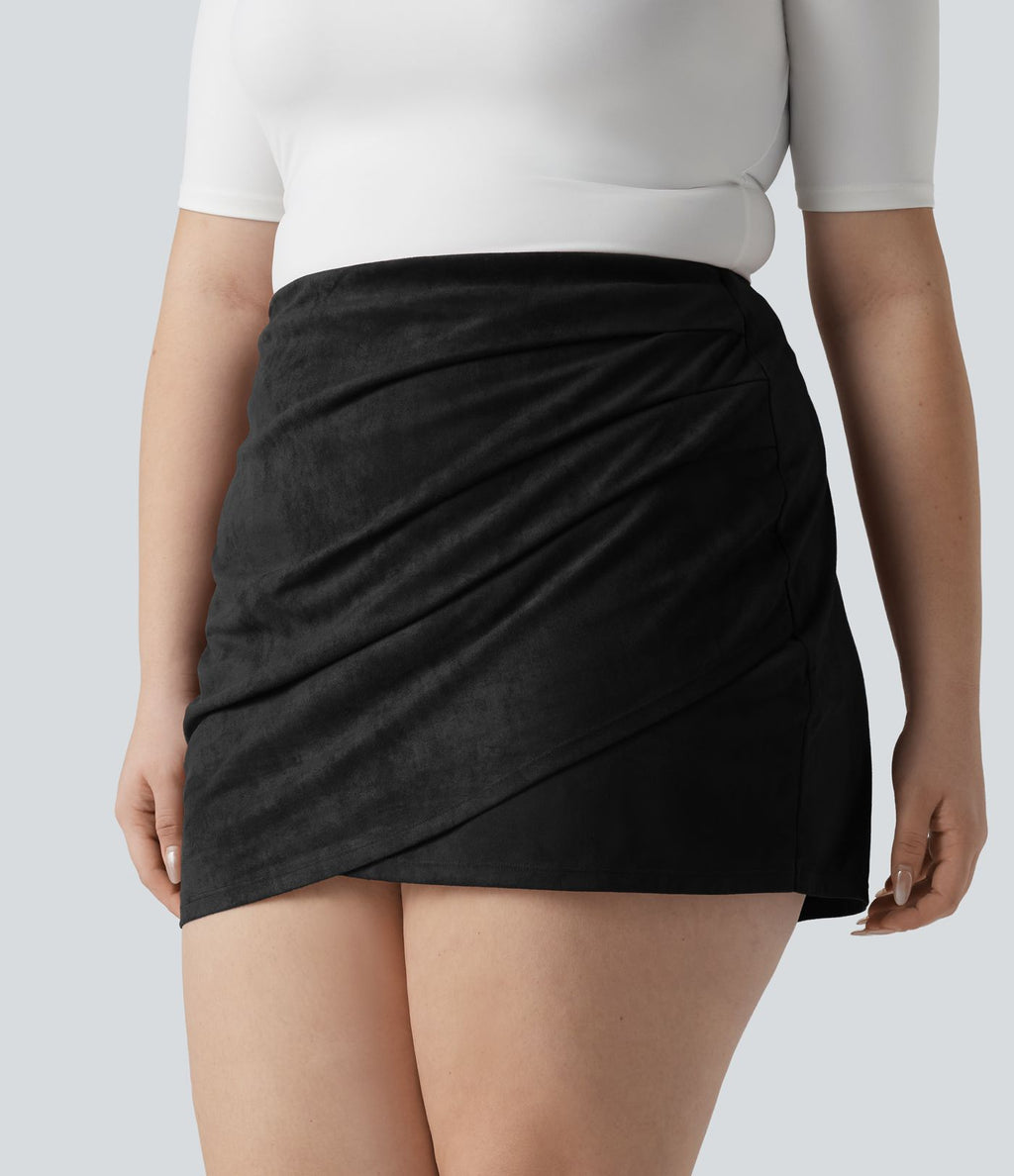 Jupe mini moulante décontractée grande taille en suédine, taille haute, froncée, avec ourlet croisé