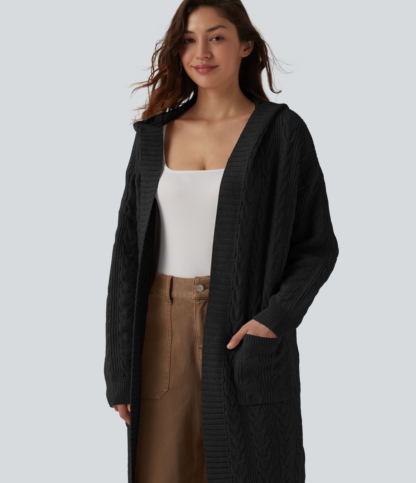 Gilet long casual à capuche manches longues avec poches