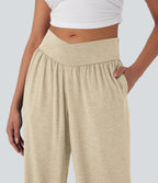 Pantalon de jogging décontracté à taille haute croisée avec poches latérales et cordon de serrage