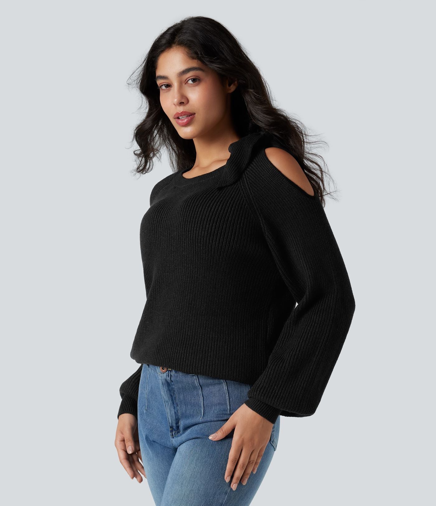 Top tricot col rond nœud latéral manches longues