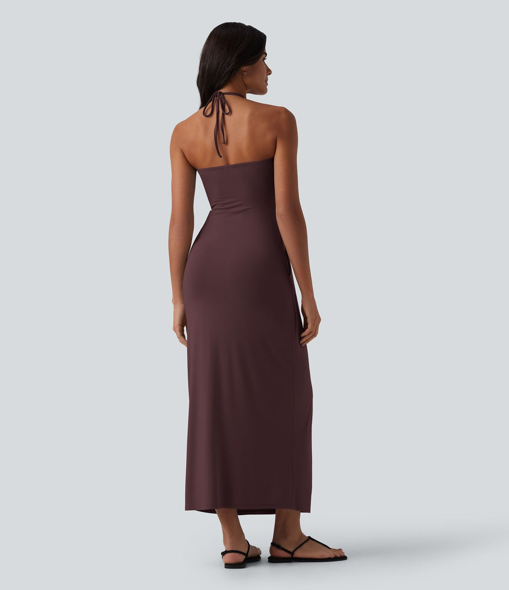 Robe longue dos nu col licou avec nœud et poches