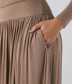 Robe Casual Maxi Fluide Encolure Bateau en Côtes avec Poches Latérales et Froncée
