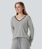 T-shirt rayé col V manches longues