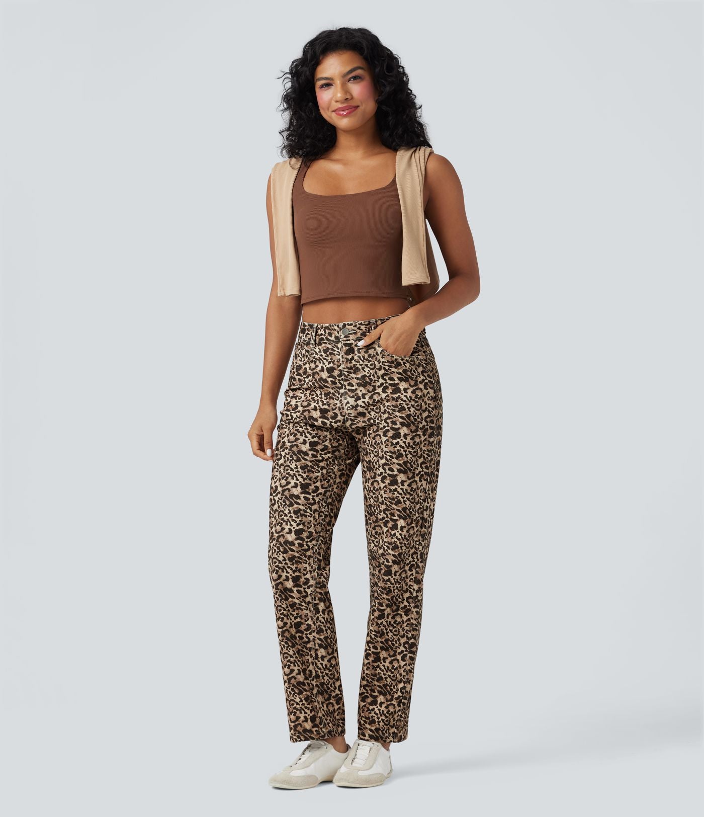 Jean Halara Flex™ coupe droite imprimé léopard taille haute avec poches