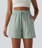 Short décontracté ample en lin mélangé taille haute avec cordon de serrage, 12,5 cm, et poches