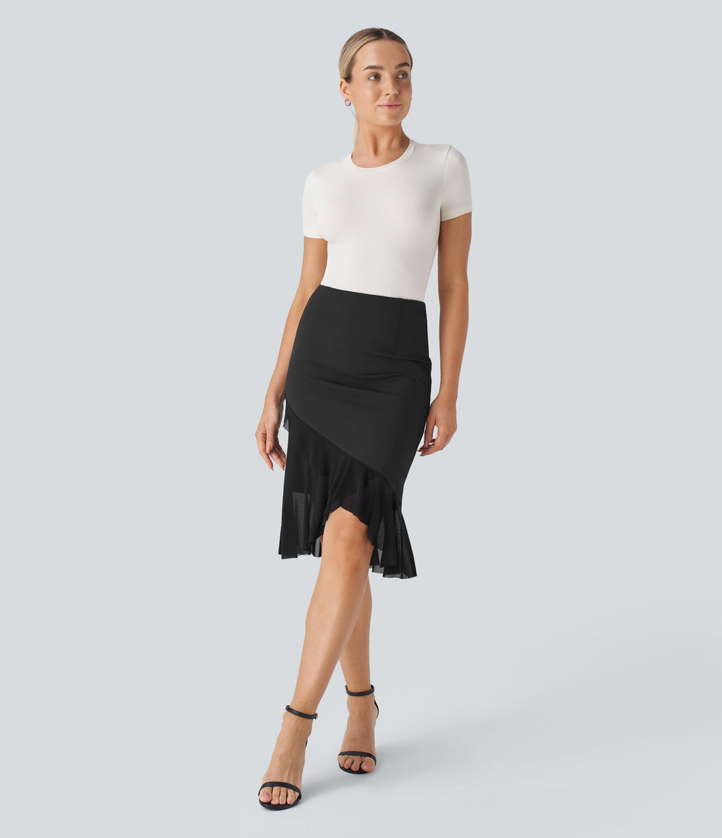 Jupe sirène de travail taille haute avec mesh contrastant et ourlet à volants DayStretch