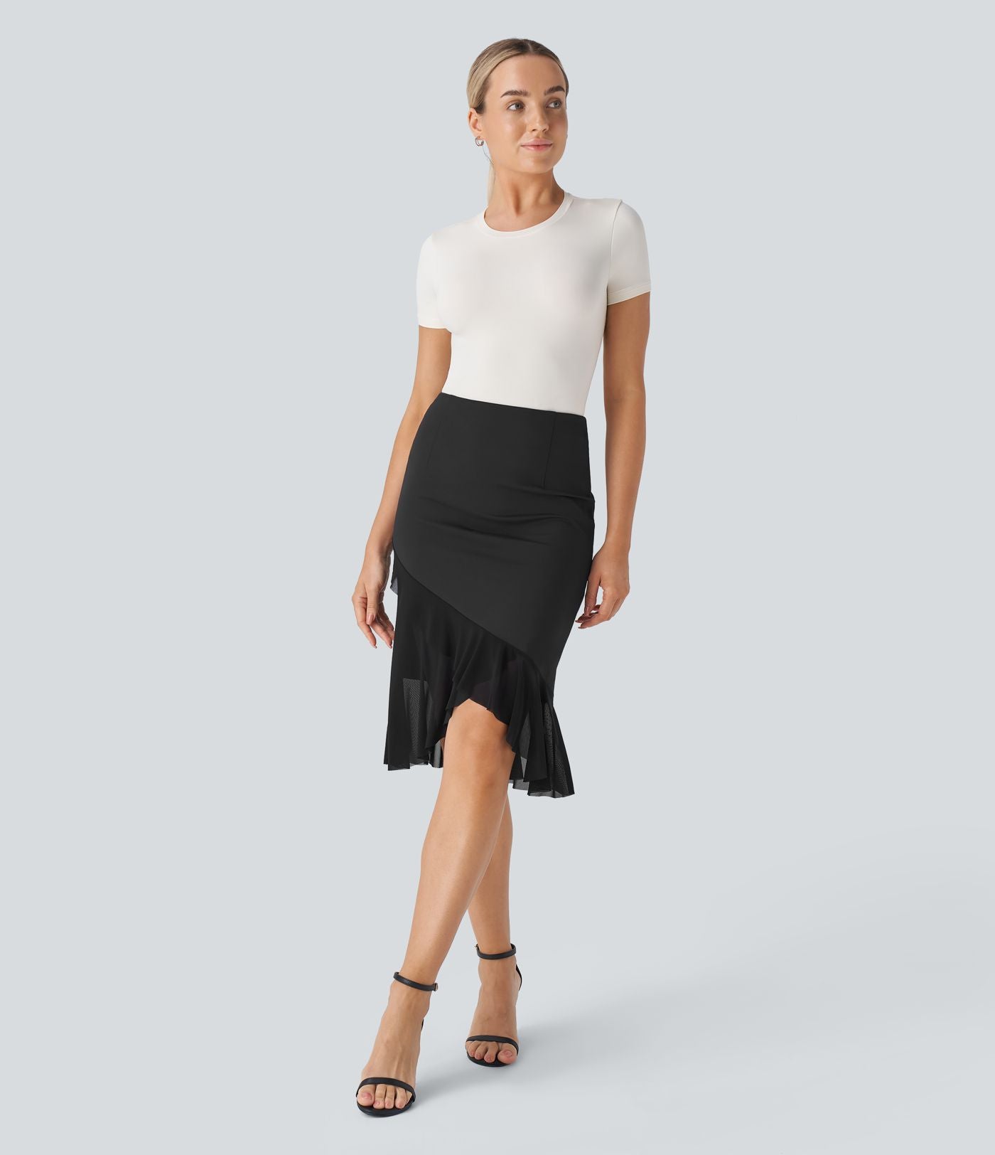 Jupe sirène de travail taille haute avec mesh contrastant et ourlet à volants DayStretch